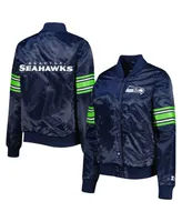 Women's Starter College Navy Seattle Seahawks Line Up Satin Full-Snap Varsity Jacket