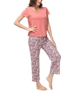 Ink+Ivy Women's 2 Piece Short Sleeve Top with Cropped Wide Leg Pants Pajama Set