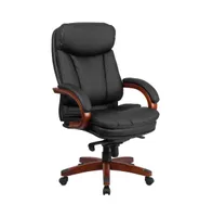 Emma+Oliver High Back Leather Executive Swivel Ergonomic Office Chair With Synchro-Tilt Mechanism, Mahogany Wood Base And Arms