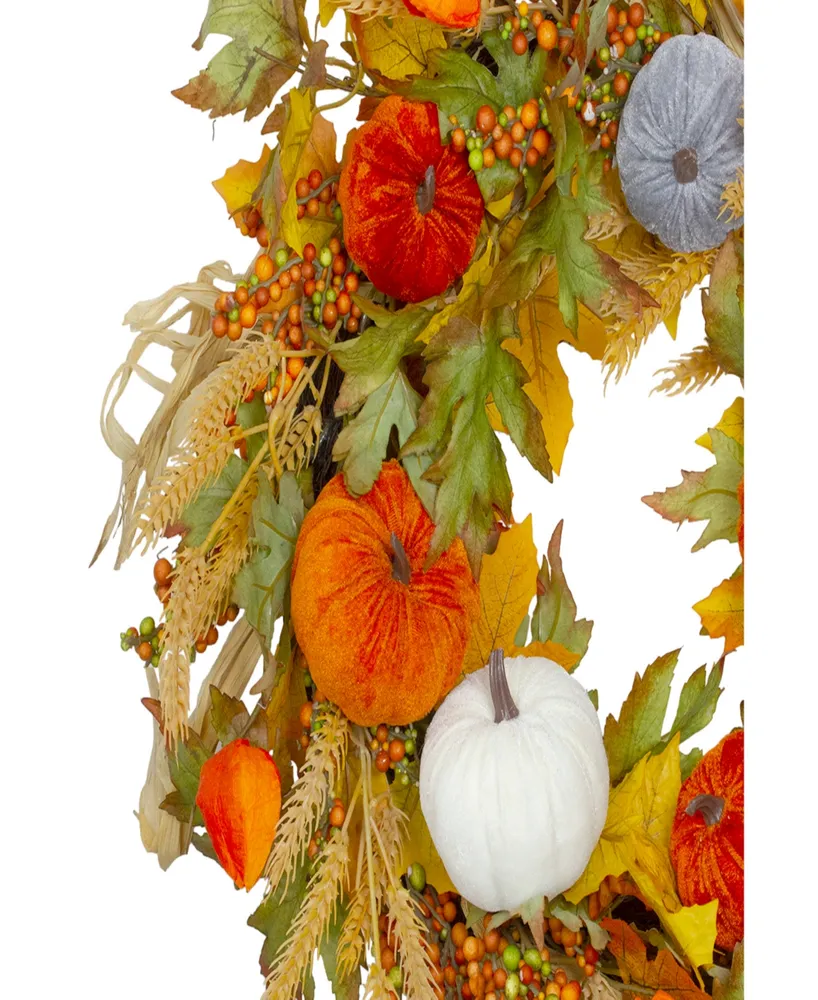 Velvet Pumpkins and Wheat Artificial Fall Harvest Wreath - 24" Unlit