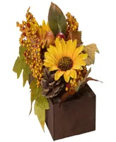 10" Yellow and Brown Sunflowers and Leaves Fall Harvest Floral Arrangement