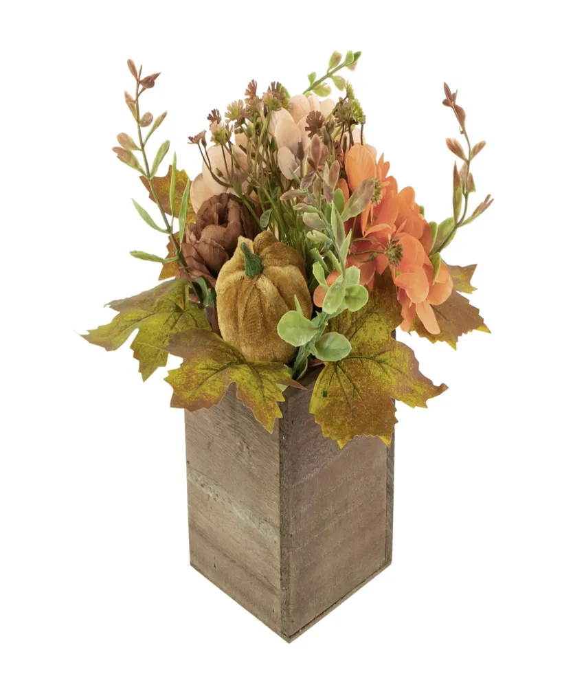 10" x 8" Orange Floral and Pumpkin Wooden Box Fall Harvest Tabletop Decoration