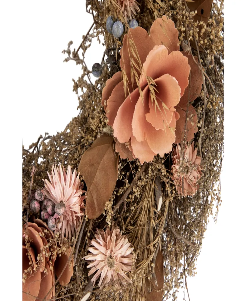 Orange and Coral Pink Twig and Floral Autumn Harvest Wreath 13.75" Unlit