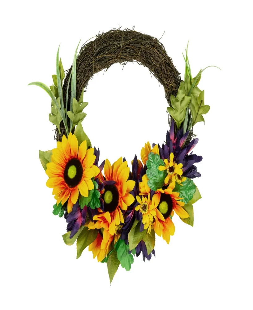 Sunflower and Mum Twig Autumn Artificial Floral Wreath 20"