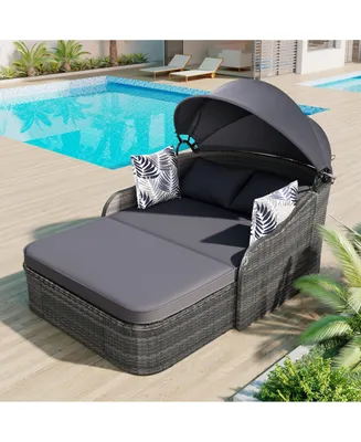 Simplie Fun 79.9" Outdoor Sunbed With Adjustable Canopy, Double Lounge, Pe Rattan Daybed, Wicker