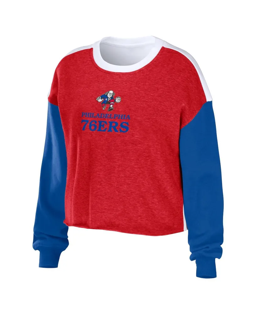 Women's Wear by Erin Andrews Heather Red Philadelphia 76ers Mixed Letter Cropped Pullover Sweatshirt