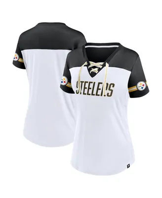 Women's Fanatics White Pittsburgh Steelers Dueling Slant V-Neck Lace-Up T-shirt