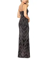 Betsy & Adam Women's Plunge-Neck Mesh-Inset Glitter-Print Gown