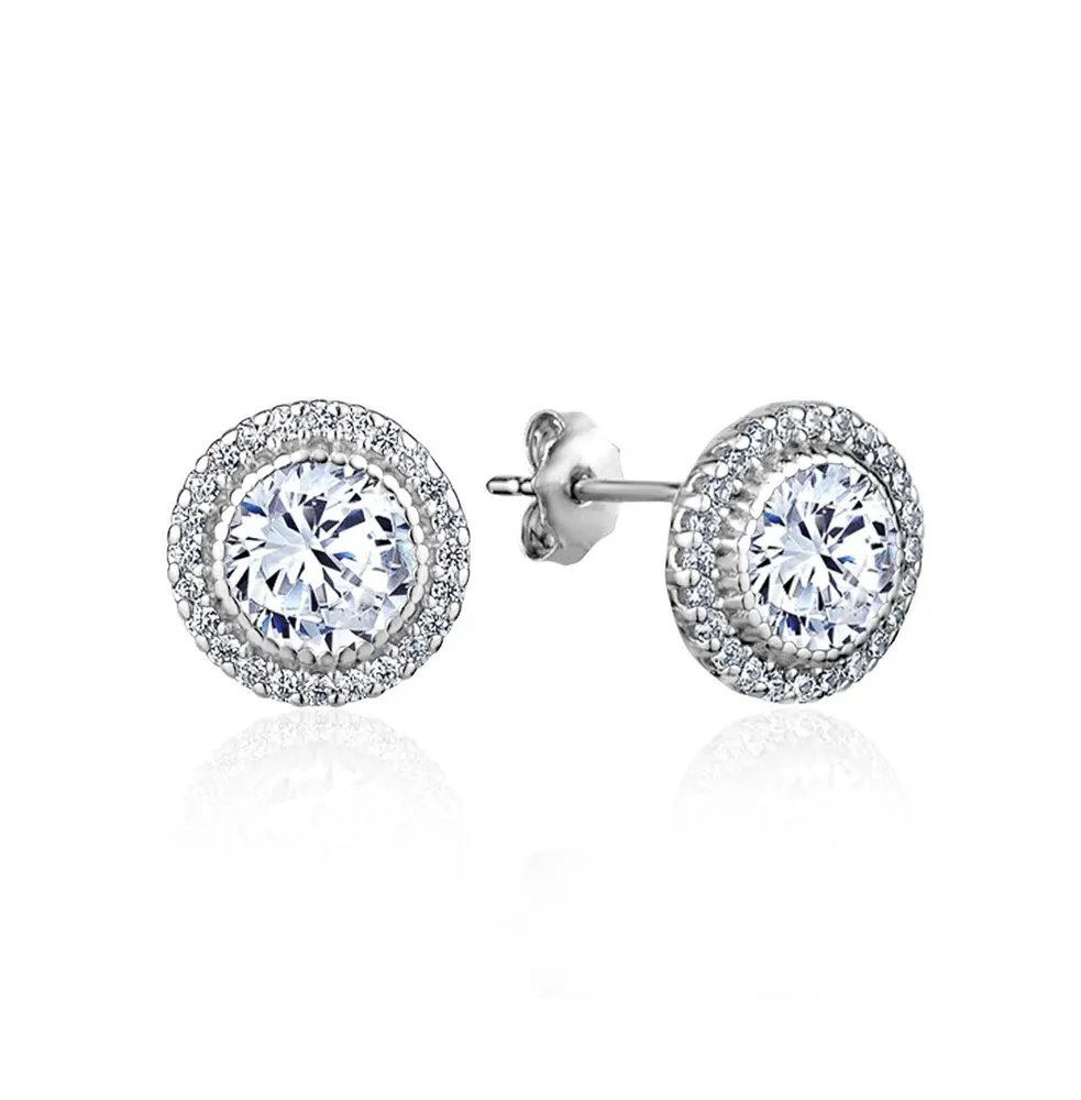 5A Cubic Zirconia Geometric Halo Stud Earrings Silver