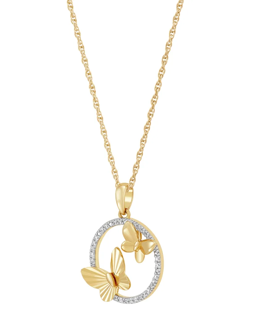 Diamond Butterfly Open Circle Pendant Necklace (1/10 ct. t.w.) in 14k Gold-Plated Sterling Silver, 16" + 2" extender - Gold