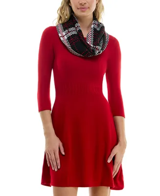 Bcx Juniors' Attached-Scarf Pull-On Fit & Flare Sweater Dress