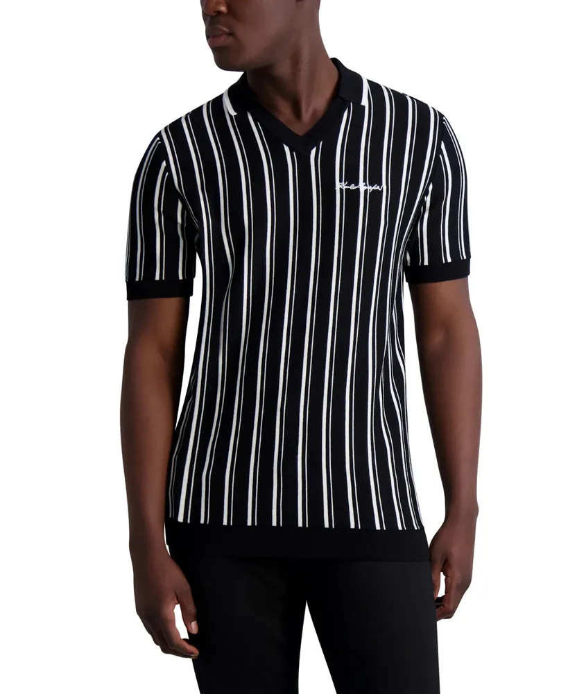 Karl Lagerfeld Men's V-neck Striped Sweater Polo Shirt with Logo