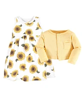 Hudson Baby Girls Cotton Dress and Cardigan Set, Sunflower, 9-12 Months