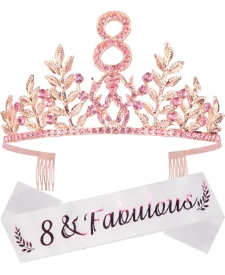8th Birthday Glitter Sash and Pink Metal Tiara with Rhinestone Leafs for Girls, Perfect Princess Party Accessories and Gifts for Celebrating Turning E