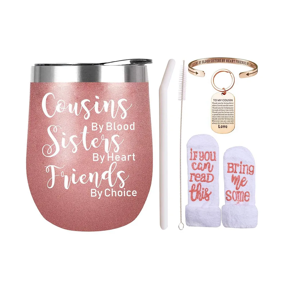 Cousin Gifts for Women, Humorous Birthday and Christmas Present Ideas, Blood Sisters Heart Friends Choice Coffee Mug Cup Tumbler and Bracelet Jewelry