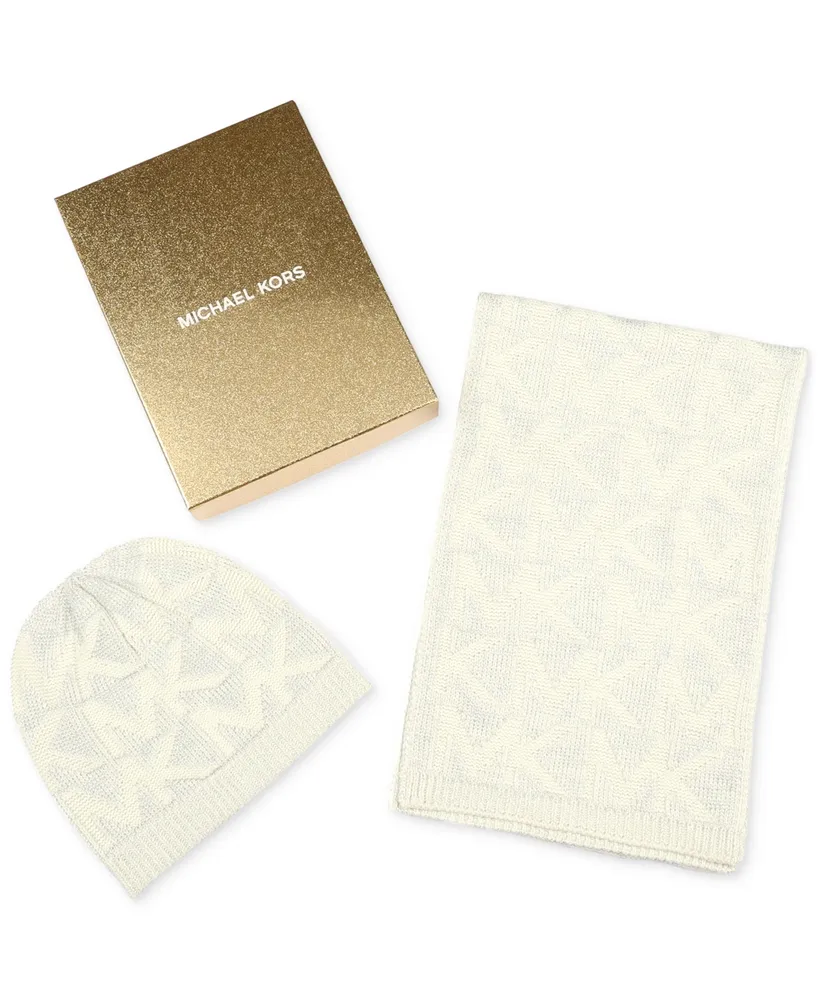 Michael Kors Women's Debossed Knit Metallic Beanie & Scarf Set