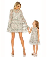 Mac Duggal Little Girls Mesh Floral Print A-Line Dress