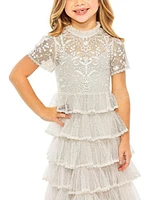 Mac Duggal Little Girls High Neck Embroidered Short Sleeve Midi Dress