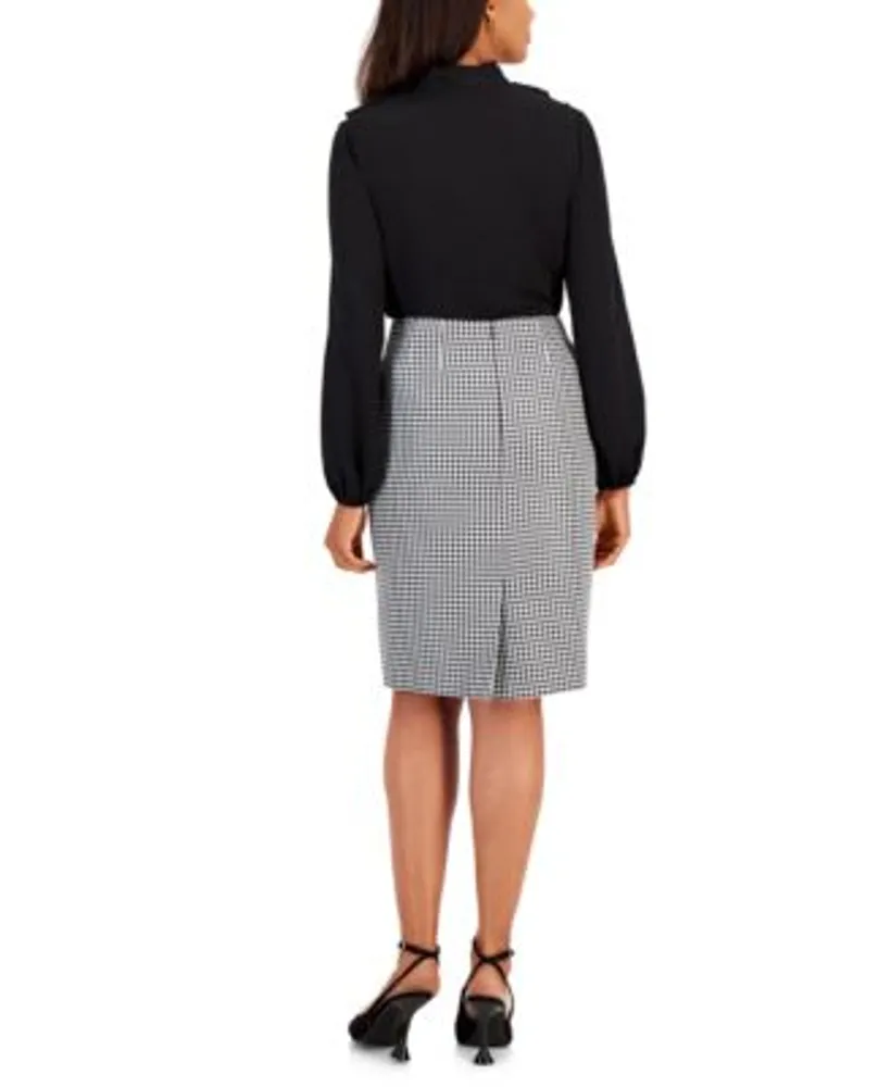 Kasper Womens Ruffled Collar Tie Front Blouse Houndstooth Pencil Skirt
