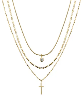 Unwritten Cubic Zirconia Bezel and 14K Gold Plated Cross Pendant Layered Necklace Set, 3 Pieces