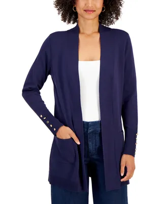 Jm Collection Petite Open-Front Button-Cuff Cardigan