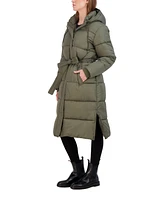 Sebby Collection Women's Long Puffer Jacket with Hood and Belt