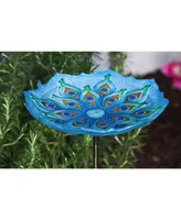 Evergreen Peacock Glass Bird Bath with Metal Stake