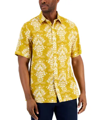 Club Room Men's Barro Medal Print Short-Sleeve Button-Down Linen Shirt, Created for Macy's