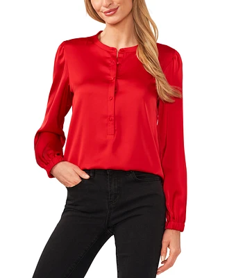 CeCe Women's Long Sleeve Crew Neck Button-Up Blouse