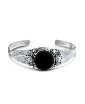 Bling Jewelry Nature Leaf Flowers Round Cabochon Statement Black Onyx or Blue Turquoise Wide Cuff Bracelet For Women .925 Sterling Silver