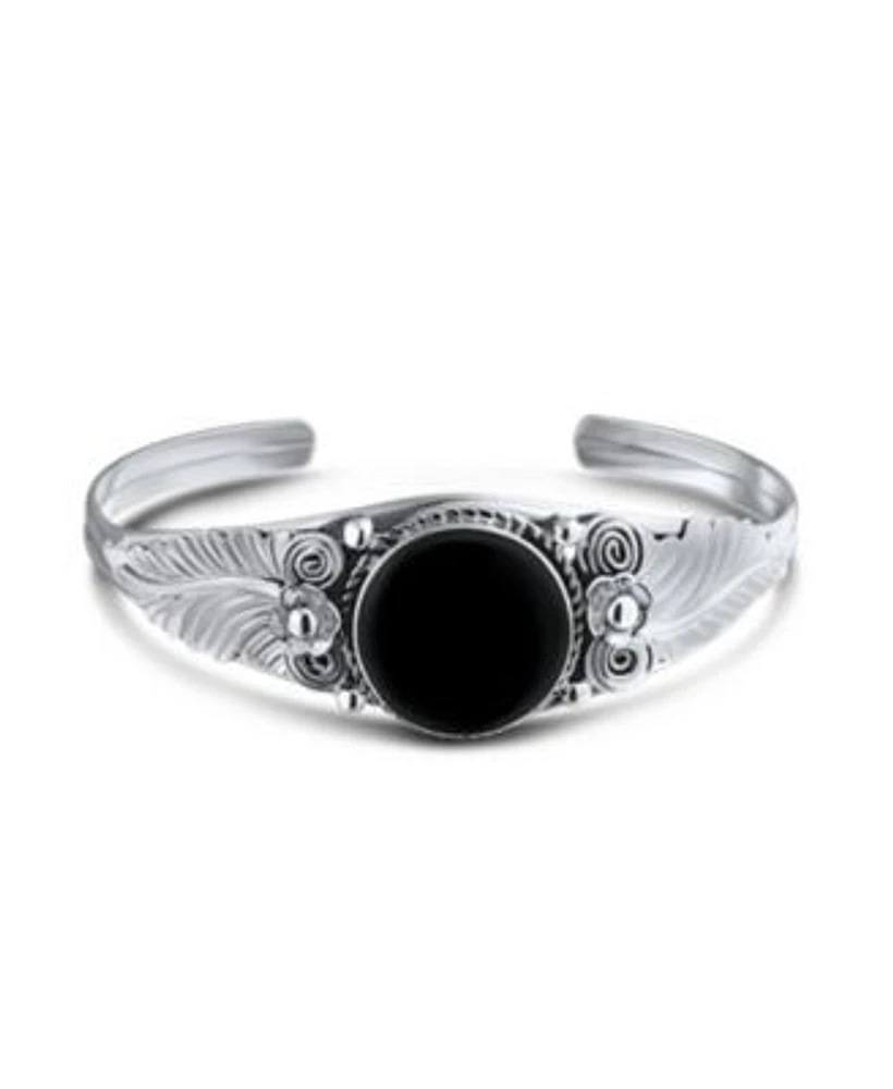 Bling Jewelry Nature Leaf Flowers Round Cabochon Statement Black Natural Onyx or Blue Turquoise Wide Cuff Bracelet Sterling Silver