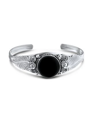 Bling Jewelry Nature Leaf Flowers Round Cabochon Statement Black Natural Onyx or Blue Turquoise Wide Cuff Bracelet Sterling Silver