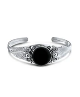 Bling Jewelry Nature Leaf Flowers Round Cabochon Statement Black Natural Onyx or Blue Turquoise Wide Cuff Bracelet Sterling Silver