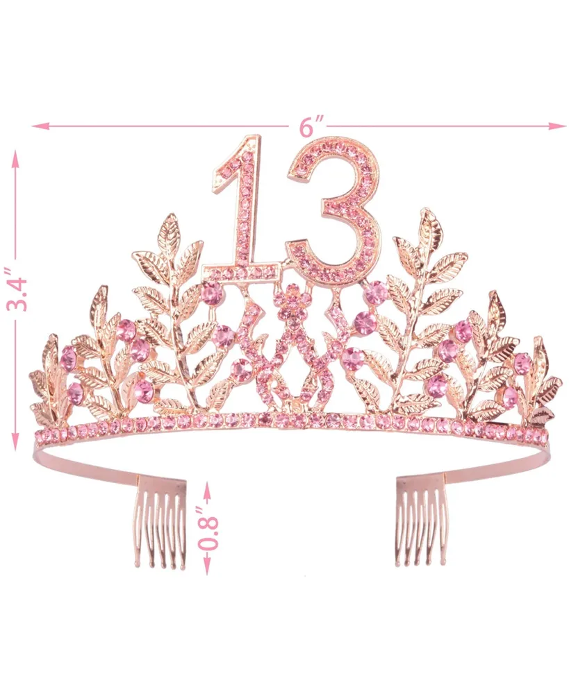 13th Birthday Sash and Tiara Set for Girls: Glitter Sash with Leafs Rhinestone Pink Premium Metal Tiara, Perfect for Teenagers Party and Birthday Gift