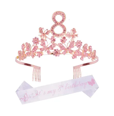 8th Birthday Glitter Sash and Pink Metal Tiara with Butterflies Rhinestone for Girls