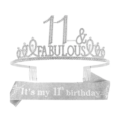11th Birthday Sash and Crown Set for Teen Girls - Silver Tiara and Sash for 11 Year Old Girl - Unique Gifts for Girls Turning 11 - Princess