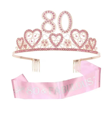 80th Birthday Sash and Tiara for Women - Glitter Sash with Hearts Rhinestone Pink Metal Tiara, Perfect for Her 80th Birthday Celebration and Gifts