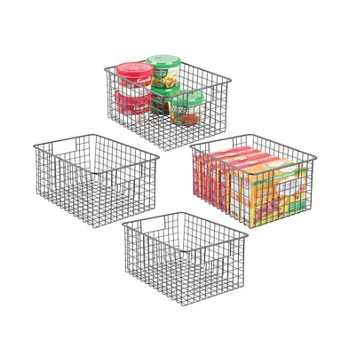 mDesign Metal Wire Food Organizer Basket, Built-In Handles, 4 Pack, Dark Gray