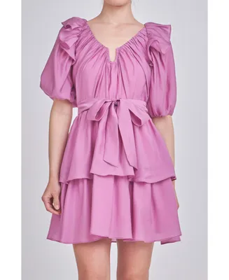 endless rose Women's Puff Sleeve Layered Mini Dress
