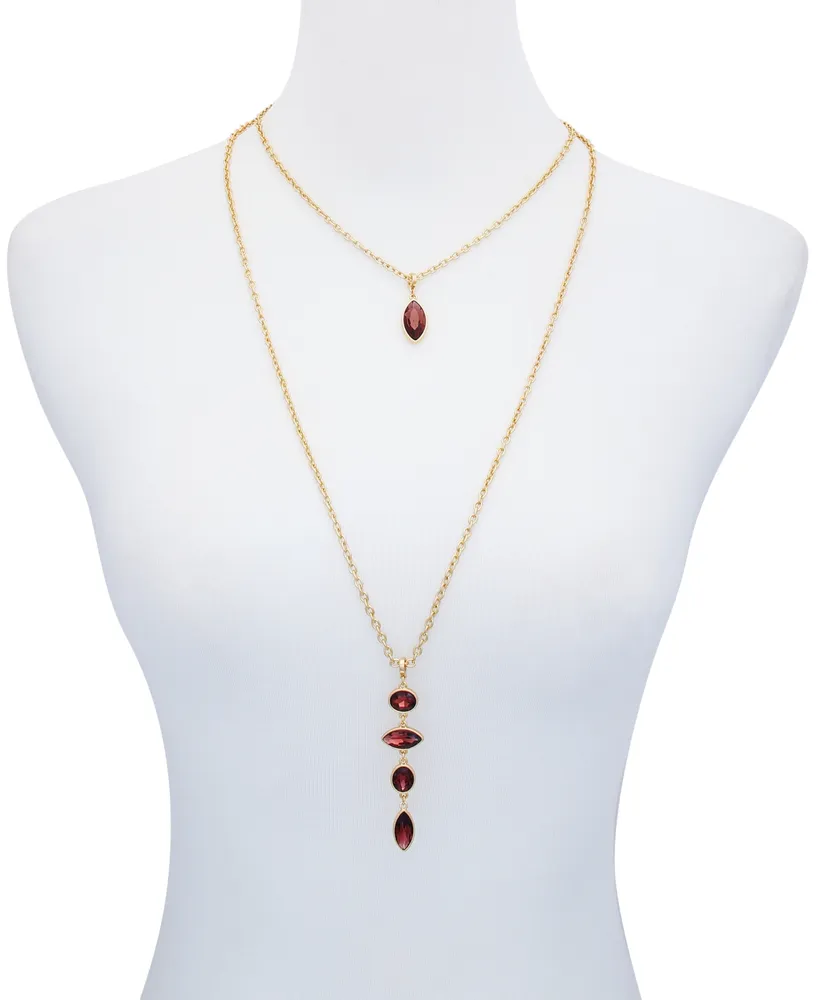 T Tahari Gold-Tone Red Glass Stone Layered Necklace Set, 18", 30" + 2" Extender