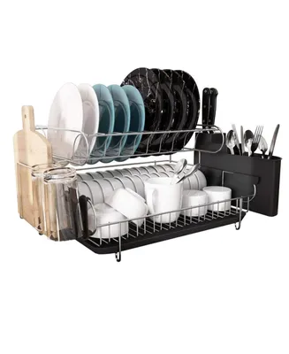 Double Tier Stainless Steel Dish Rack With Drainboard Set And Utensil Holder