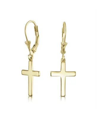 Bling Jewelry Minimalist Simple Delicate Small Religious Cross Drop Dangle Earrings Teen Secure Lever back High Polished Yellow 14K Gold Plated Sterli
