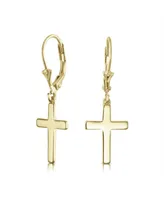 Bling Jewelry Minimalist Simple Delicate Small Religious Cross Drop Dangle Earrings Secure Lever back High Yellow Gold Plated Sterling Silver