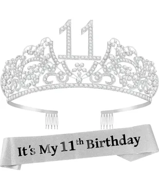 11th Birthday Sash and Tiara for Girls - Glitter Sash with Flowers and Rhinestone Silver Metal Tiara, Perfect for Princess Party and Birthday Gifts