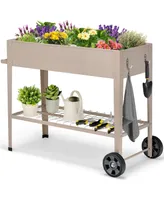 Costway Planter Box Raised Garden Bed Elevated on Wheels Steel Planter with Shelf Hooks