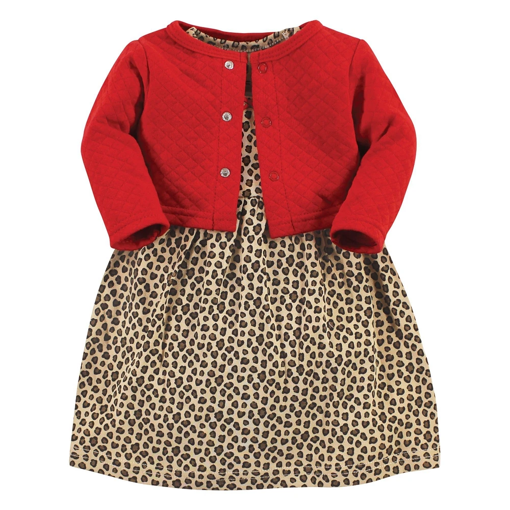 Hudson Baby Toddler Girls Quilted Cardigan and Dress, Leopard Red