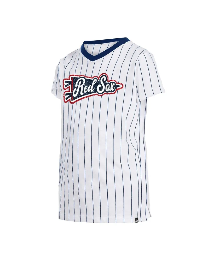 Big Girls New Era White Boston Red Sox Pinstripe V-Neck T-shirt