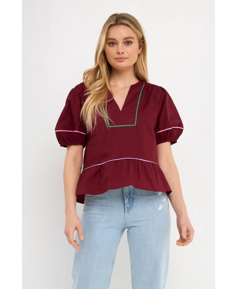 English Factory Women's Piping Detail Top with Short Puff Sleeves