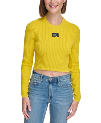 Calvin Klein Jeans Women's Cotton Logo Cropped Long Sleeve High Crew Neck Top