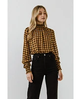 English Factory Women's Checker Blouse with Mock Neck